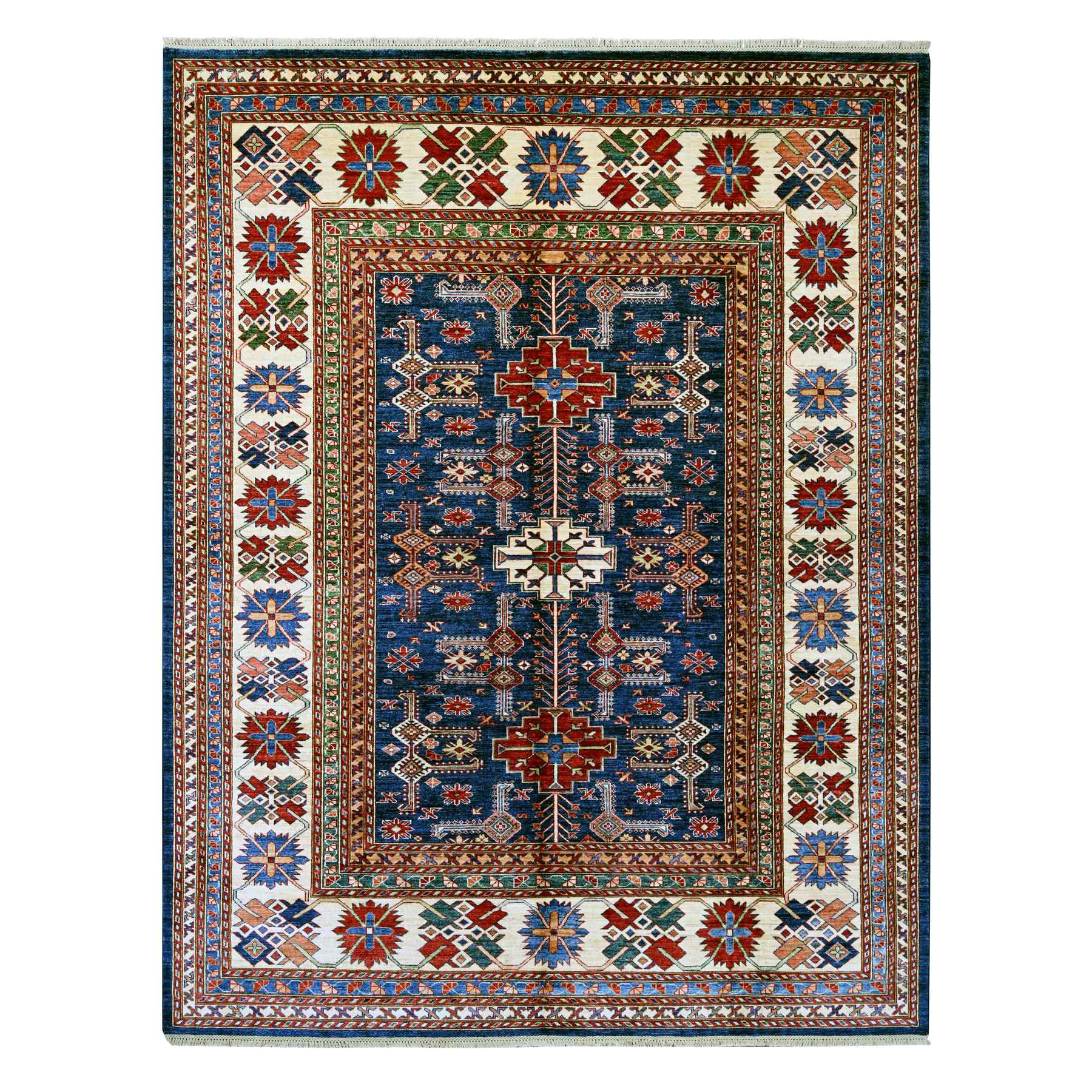 8'1"x10'2" Navy Blue, Pure Wool, Afghan Super Kazak with Tribal Motifs, Hand Knotted, Vegetable Dyes, Oriental Rug 